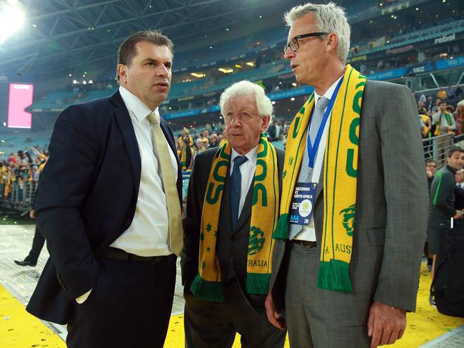 Frank Lowy with Ange Postecoglou and David Gallop.