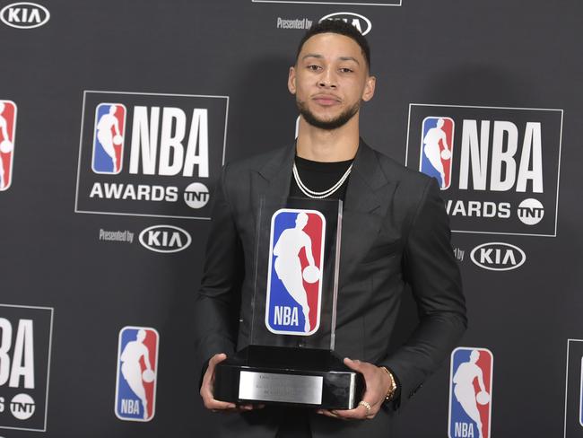 Ben Simmons with his NBA Rookie of the Year award. Picture: AP