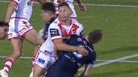 Tariq Sims was charged over this hit on Cowboy Michael Morgan. Picture: Fox Sports