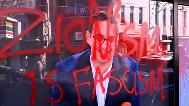 The slogan ‘Zionism is Fascism’ is sprayed on the electoral office of federal Labor MP Josh Burns in the Melbourne suburb of St Kilda.