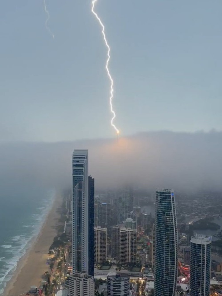 Gold Coast resident Dr Tony Hayek captured the moment one of the lightning strikes hit the Q1 in Surfers Paradise. Photo: Tony Hayek