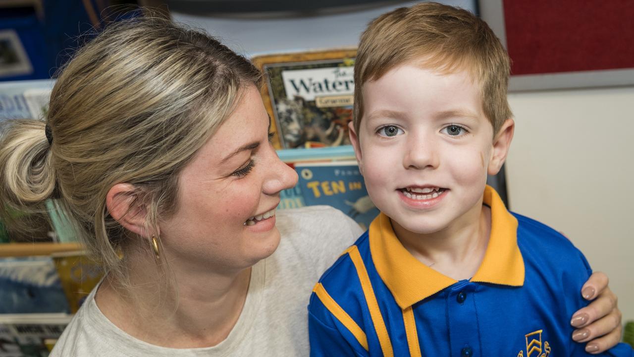 Toowoomba Grammar School Prep student Angus Macnish with mum Fleur on the first day of school, Tuesday, January 23, 2024. Picture: Kevin Farmer