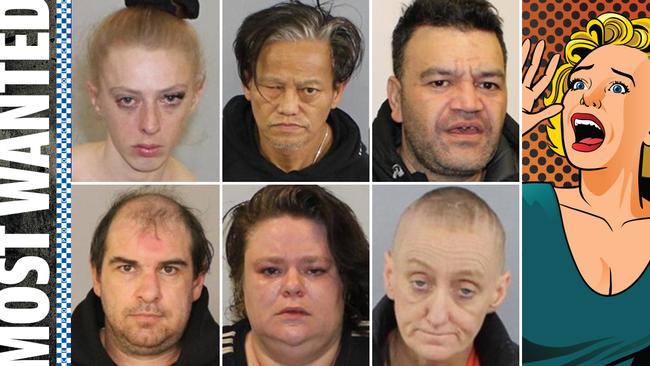 A collection of unsightly mug shots of fugitives wanted by police.