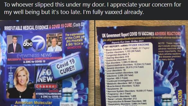 Another example of a Covid-19 misinformation flyer that was put in a letter box in Bellingen in July.