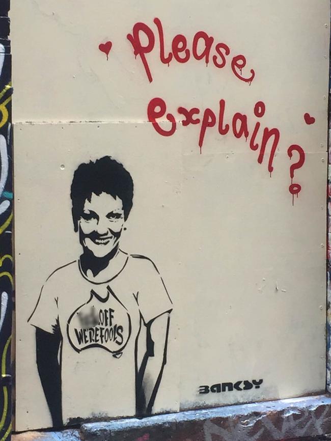 The graffiti that appeared in Hosier Lane overnight. Picture: Christopher Talbot.