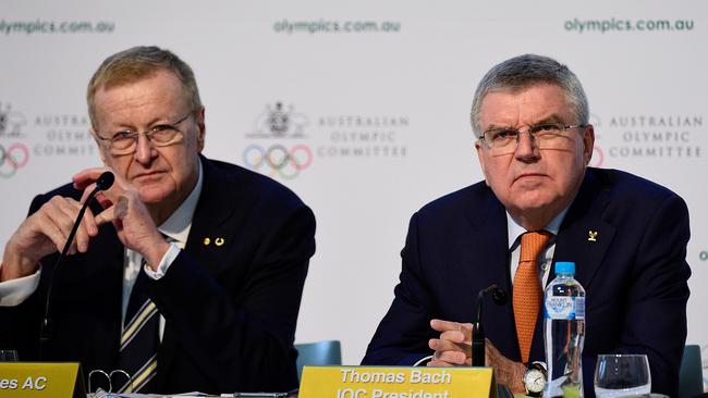 Australian Olympic Committee President John Coates AC and International Olympic Committee President Thomas Bach. Picture: AAP/Bianca De Marchi