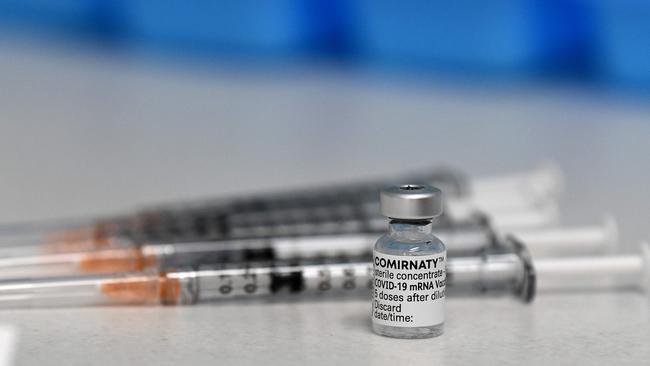 A vial of the Pfizer COVID-19 vaccination is seen at the Castle Hill Medical Centre, in Sydney. Picture: NCA NewsWire/Bianca De Marchi