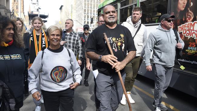 AFL champion Michael Long leads the Long Walk from Melbourne to Canberra to support the Yes campaign. Picture: NCA NewsWire / Andrew Henshaw