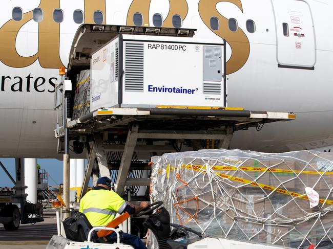 AstraZeneca Covid 19 vaccine first arrival in Australia arriving at Sydney International airport. Container RAP81400PC is holding the vaccines. Photograph by Edwina Pickles. Taken on 28th Feb 2021. (POOL)