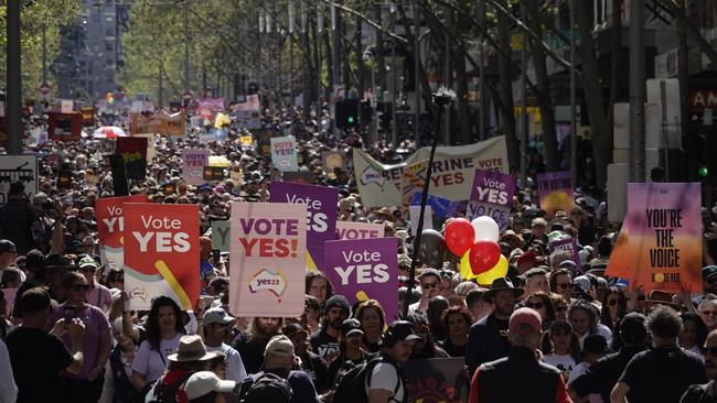 Thousands walked in Melbourne in support of the Voice referendum. Picture: NCA NewsWire / Valeriu Campan