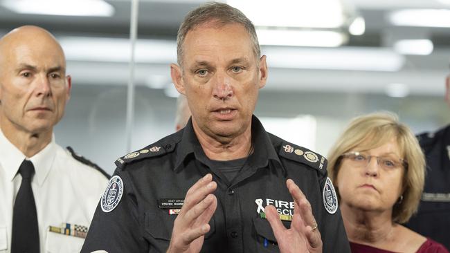 Former CFA Chief Officer Steve Warrington speaks to the media at a press conference during the Victoria bushfire crisis. Warrington joined the CFA in 1978 and had been its chief officer since 2016. Picture: AAP