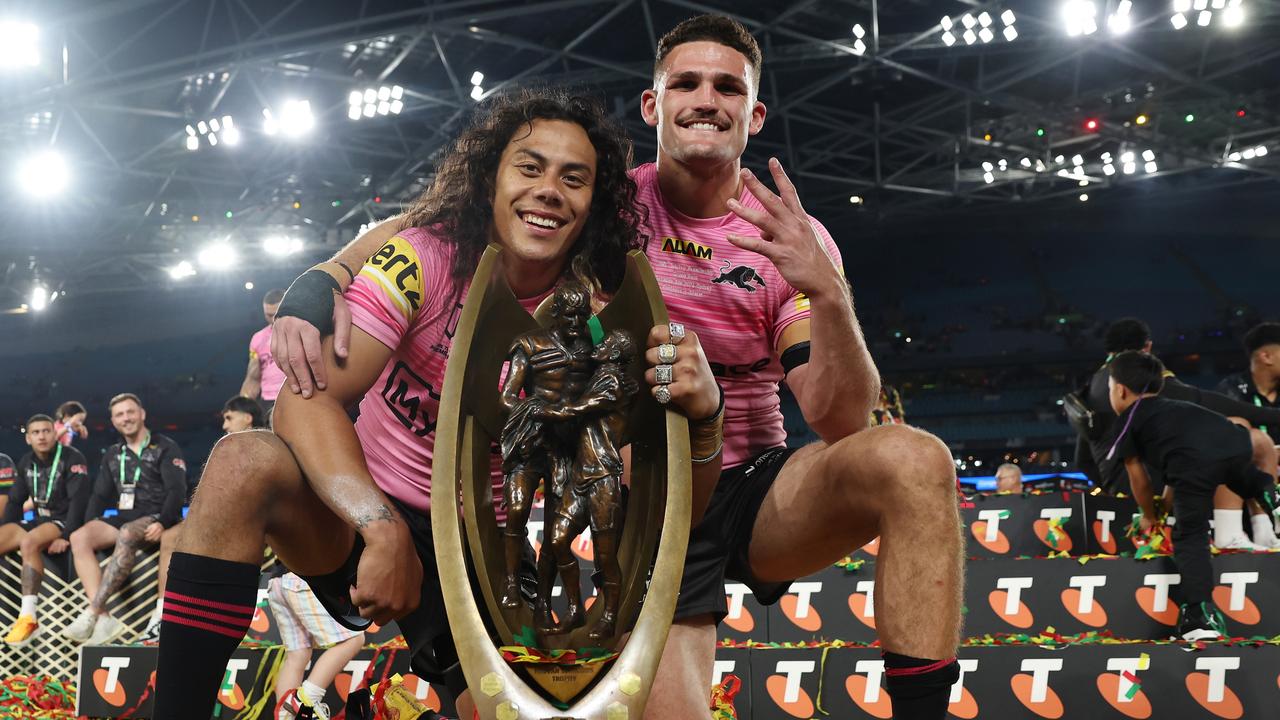 Jarome Luai and Nathan Cleary won’t get the chance to do this together next year. Picture: Cameron Spencer/Getty Images