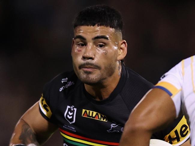 PENRITH, AUSTRALIA - MARCH 15: Taylan May of the Panthers runs the ball during the round two NRL match between Penrith Panthers and Parramatta Eels at BlueBet Stadium, on March 15, 2024, in Penrith, Australia. (Photo by Jason McCawley/Getty Images)