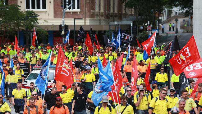 CFMEU and other trade union members rally in Brisbane. Picture: AAP Image/Claudia Baxter