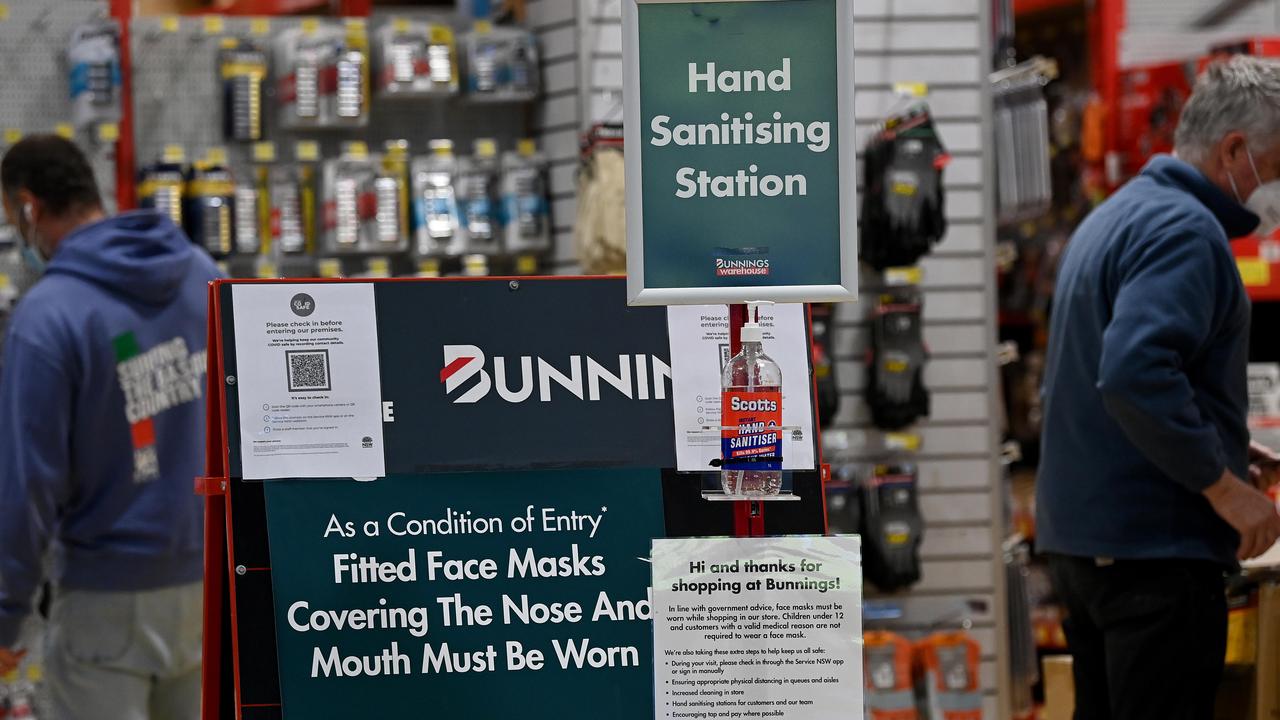 A Covid-19 check-in and information board greets customers inside the Bunnings hardware store in Randwick, Sydney. Picture: NCA NewsWire/Bianca De Marchi