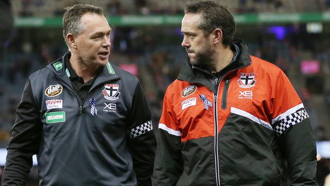 Richardson and Lethlean discuss tactics during a clash with Hawthorn last year. Picture: Michael Klein