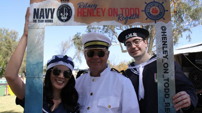 Kura Waugh, navy Capitan Steve Smith, and Paul Bremer enjoying the Henley on Todd in Alice Springs, Saturday, August 17, 2024. Picture: Gera Kazakov