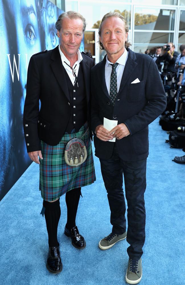 Iain Glen and Jerome Flynn attend the premiere of HBO’s “Game Of Thrones” season 7 at Walt Disney Concert Hall on July 12, 2017 in Los Angeles, California. Picture: Getty