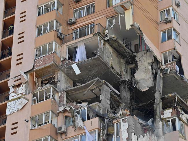 A view of a high-rise apartment block which was hit by recent shelling in Kyiv. Picture: AFP