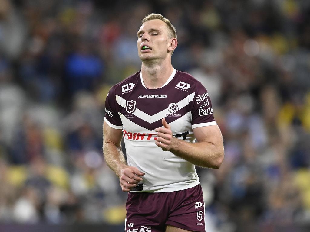 TOWNSVILLE, AUSTRALIA - JULY 06: Tom Trbojevic of the Sea Eagles runs during the round 18 NRL match between North Queensland Cowboys and Manly Sea Eagles at Qld Country Bank Stadium, on July 06, 2024, in Townsville, Australia. (Photo by Ian Hitchcock/Getty Images)