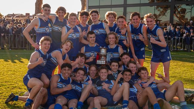 Sacred Heart players celebrate their Intercol win over rival Rostrevor on Saturday. Picture: Supplied, Sacred Heart College