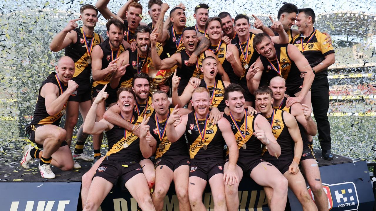 Glenelg celebrates its 2023 SANFL grand final win against Sturt. Picture: David Mariuz/SANFL