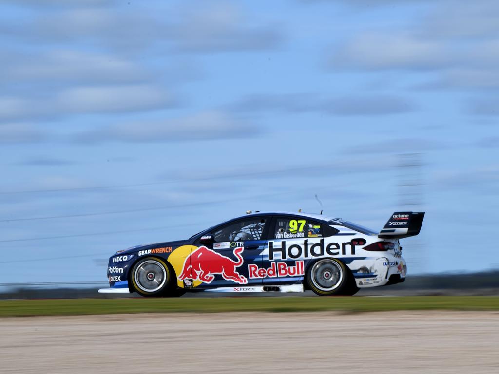 Shane van Gisbergen from Triple Eight Racing on his way to adding a second place on Sunday to his Saturday victory to shoot to top of the Sueprcars leaderboard. Picture: AAP Image/David Mariuz