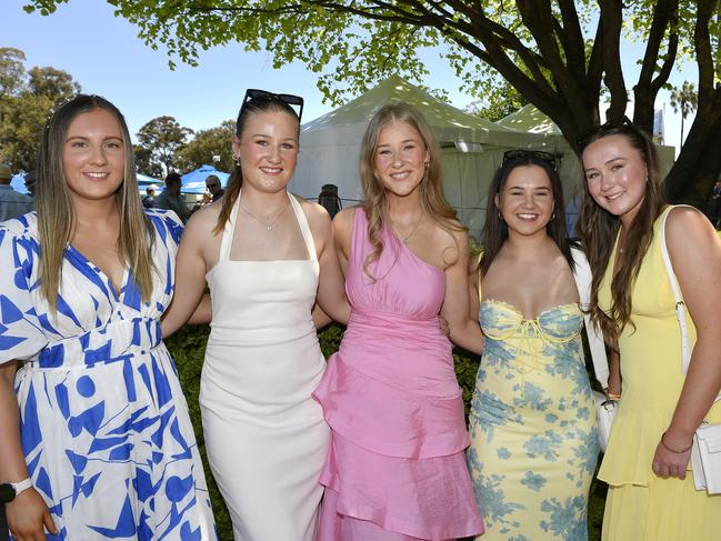 Apiam Bendigo Cup was held at Bendigo Racecourse, Bendigo, Victoria, on Wednesday, October 30th, 2024. Pictured enjoying the horse racing carnival are Zoe, Teaghan, Karlee, Sarah and Shae. Picture: Andrew Batsch