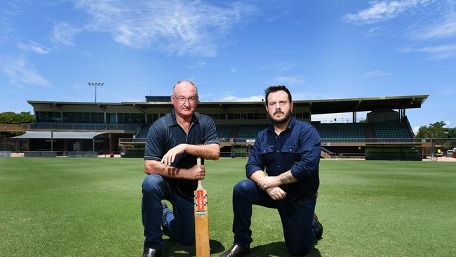 Cricket North Queensland president Peter Busch and Federal member for Herbert Phillip Thompson are campaigning for lighting upgrades at Riverway Stadium. Picture: Shae Beplate.