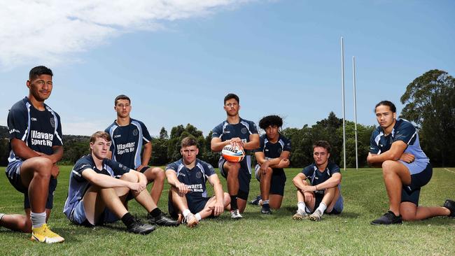 Illawarra Sports High players (L to R): Junior Amone, Josh Williams, Lochlann Davies, Dilan Asanoski, Devante Te Ahuru, Viliami Mahe, Billy Cooke and Thaj Amone, who will be playing in the NRL Schoolboy Cup quarter-final against Endeavour Sports High. Picture: Tim Hunter.