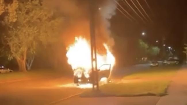 A taxi has gone up in flames in the early hours of this morning on Vanderlin Drive. Picture: Jack Macskimin