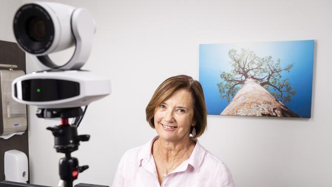 Clifton Community Health Services primary health and wellness manager Anne-Marie Donovan with the state-of-the-art telehealth equipment used for virtual appointments as part of a UQ research project into virtual integrated care, Monday, May 22, 2023. Picture: Kevin Farmer