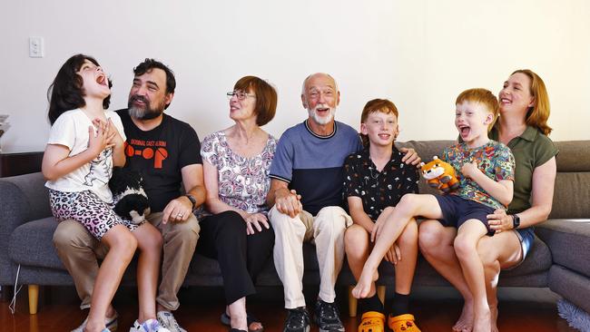 DAILY TELEGRAPH - 20/3/24MUST CHECK WITH PIC EDITOR BEFORE PUBLISHING - Multigenerational living with the Jones family in Warriewood. L to R,  Georgie with dad Will, Margaret and David, Rafferty, Chester and Clea all pictured in their family room. Picture: Sam Ruttyn