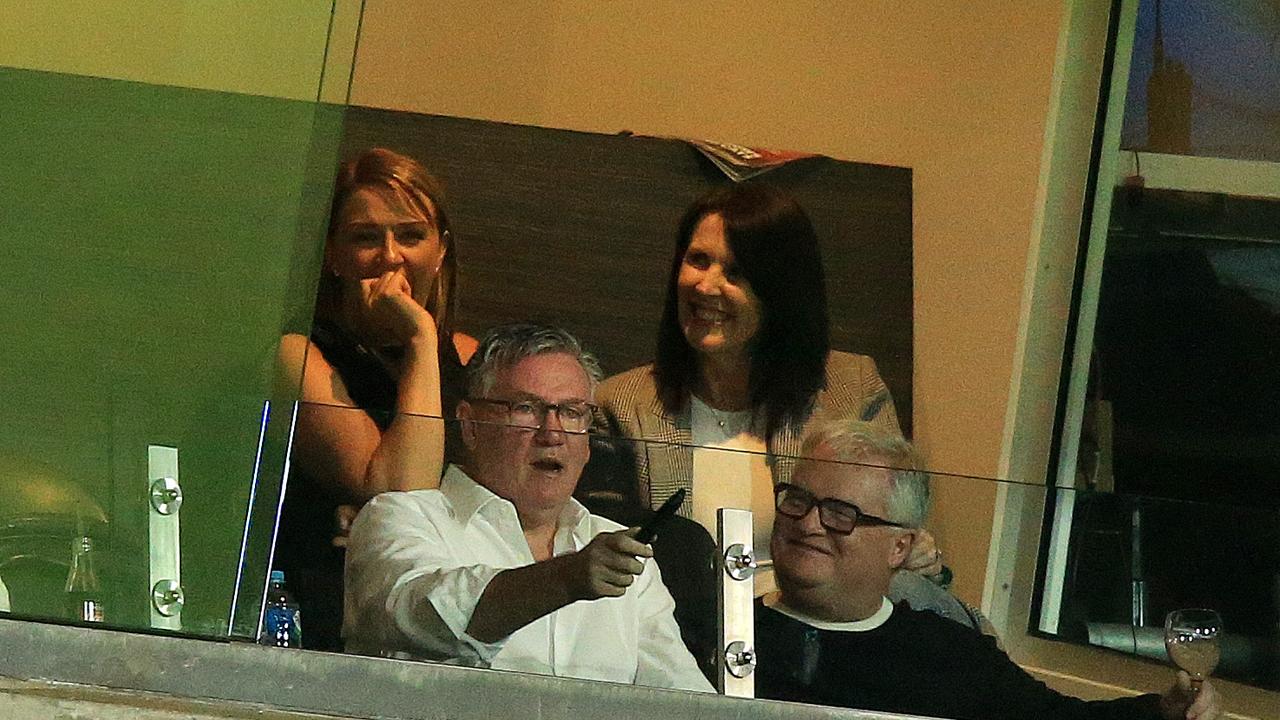 Eddie McGuire in a private box with Bulldogs powerbroker, Peter Gordon. Picture: Mark Stewart