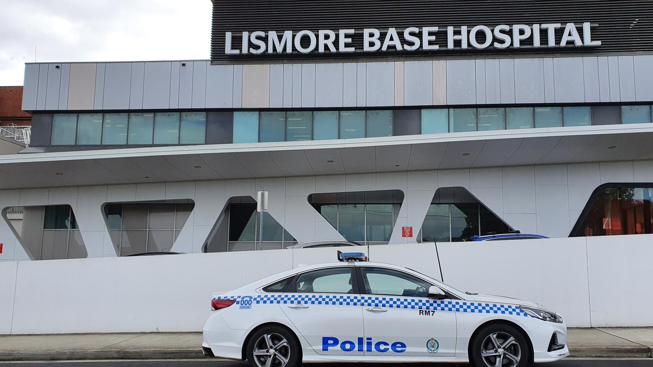 Police cars outside Lismore Base Hospital.