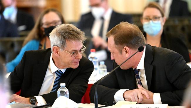 Mike Kaiser, the director-general of Queensland’s Department of State Development, speaking to the minister Steven Miles during an estimates hearing on July 27 — six weeks before they experienced waiting on a far northern ferry terminal in the sun together.