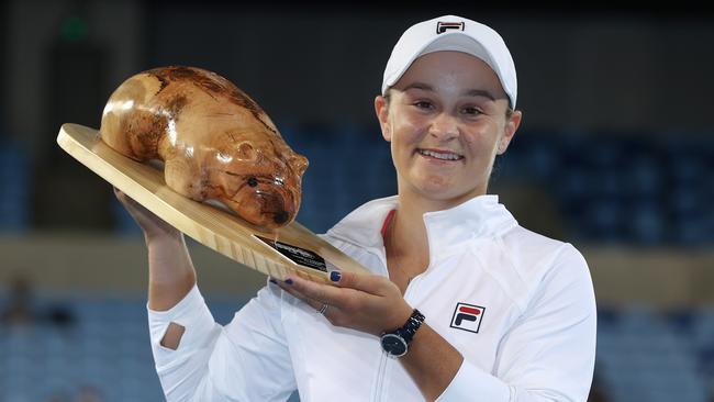 Ash Barty with the wombat trophy she received for winning the Yarra Valley Classic. Picture: Michael Klein