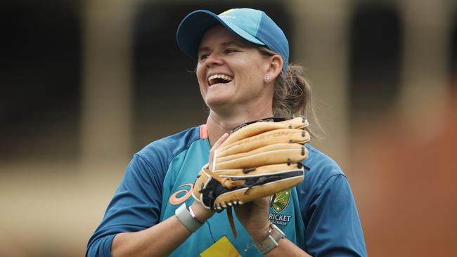 MELBOURNE, AUSTRALIA - OCTOBER 10: Jess Jonassen of Australia reacts during an Australian Womens ODI squad training session at Junction Oval on October 10, 2023 in Melbourne, Australia. (Photo by Daniel Pockett/Getty Images)