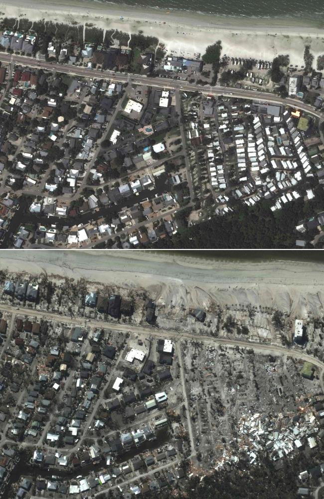 Homes along Estero boulevard in Fort Myers Beach before hurricane Ian on August 17, 2022 (top) and after hurricane Ian on September 30 (bottom). Picture: Maxar Technologies / AFP