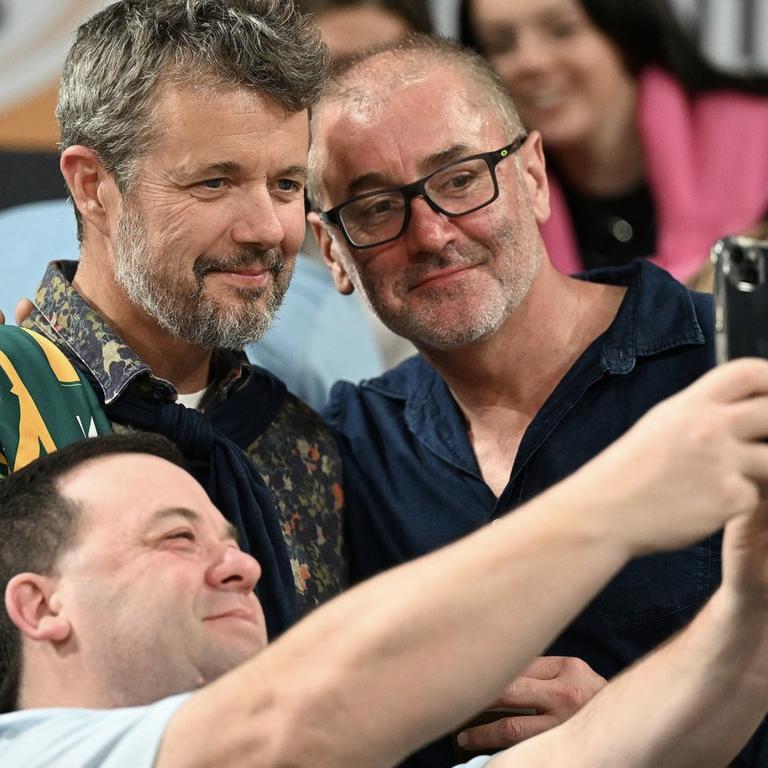 Crown Prince Frederik of Denmark taking selfies with fans at the Tasmania JackJumpers basketball game in Hobart. Picture: Tasmania JackJumpers/Instagram