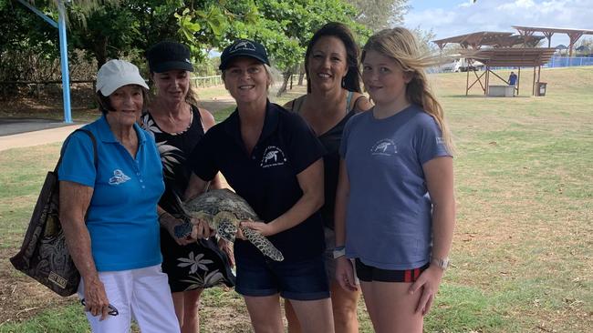 Fay Griffin from Mackay and District Turtle Watch, Clarissa Hull, Eco Barge Clean Seas founding chair Libby Edge holding Donatella the turtle, Christine Denelzen and Hayley Edge, 15. Picture: Melanie Whiting