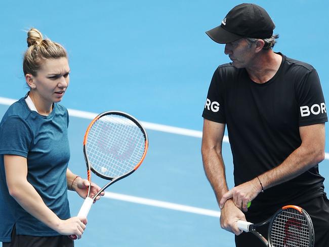 Simona Halep with then-coach Darren Cahill during a practice session ahead of last year’s Australian Open. Picture: Getty Images