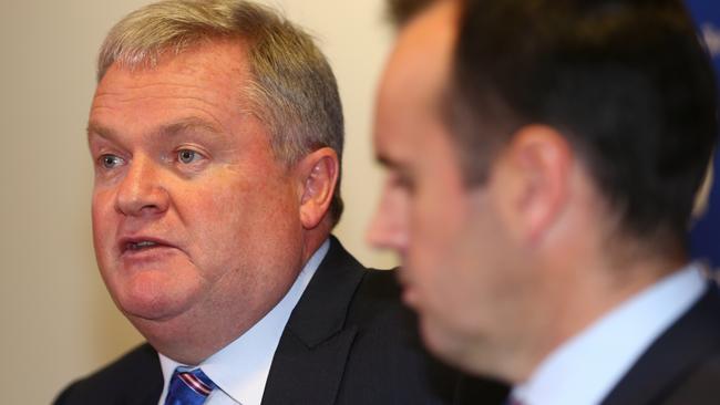 Western Bulldogs President Peter Gordon announces the departure of coach Brendan McCartney. Picture: Michael Klein