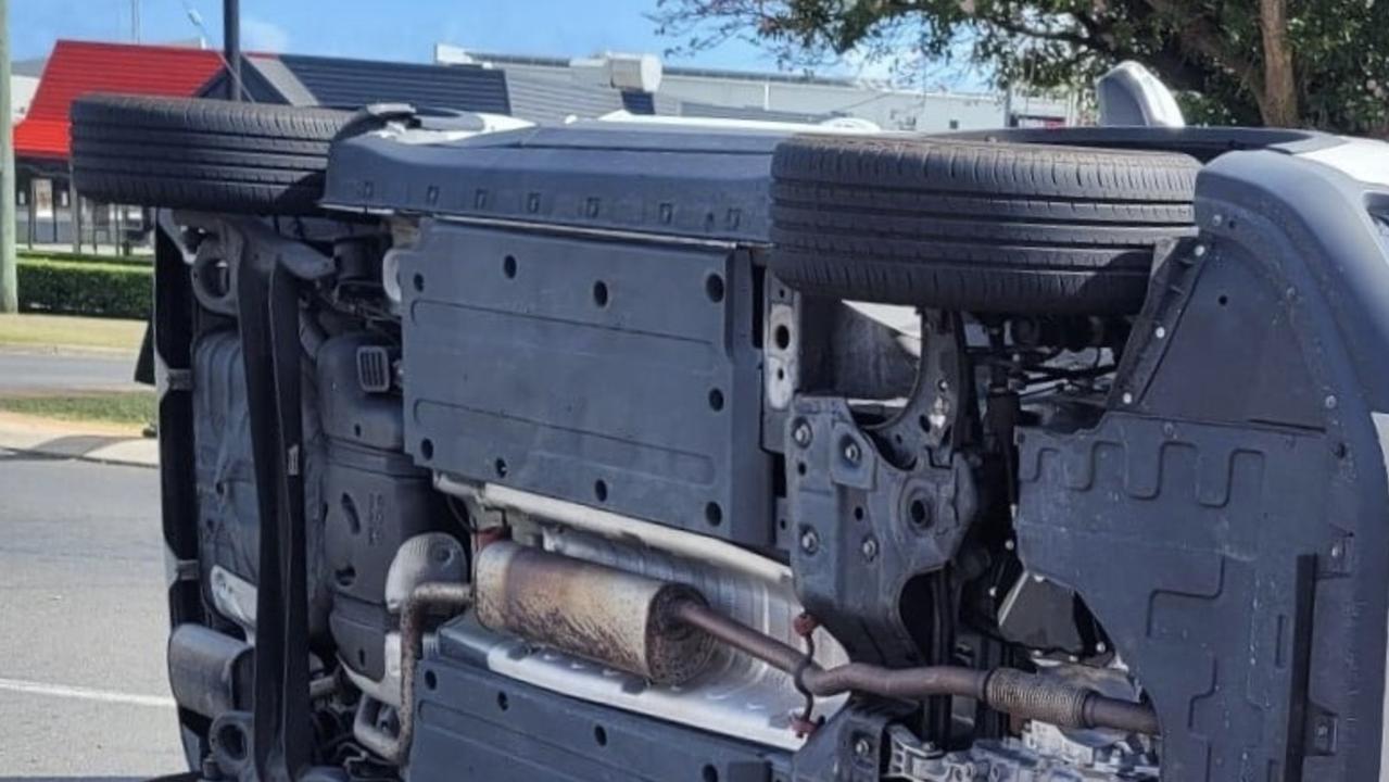 A car was left on its side after a crash at Boat Harbour Drive in Hervey Bay.