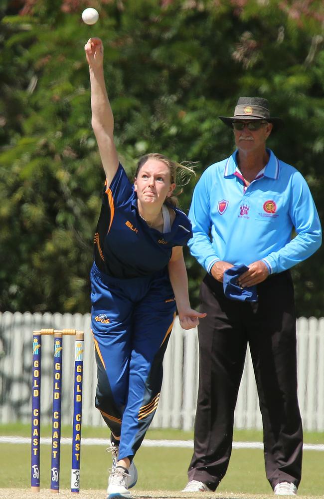 Iris Zwilling bowling for Sandgate-Redcliffe in the Katherine Raymont Shield. Picture: Mike Batterham