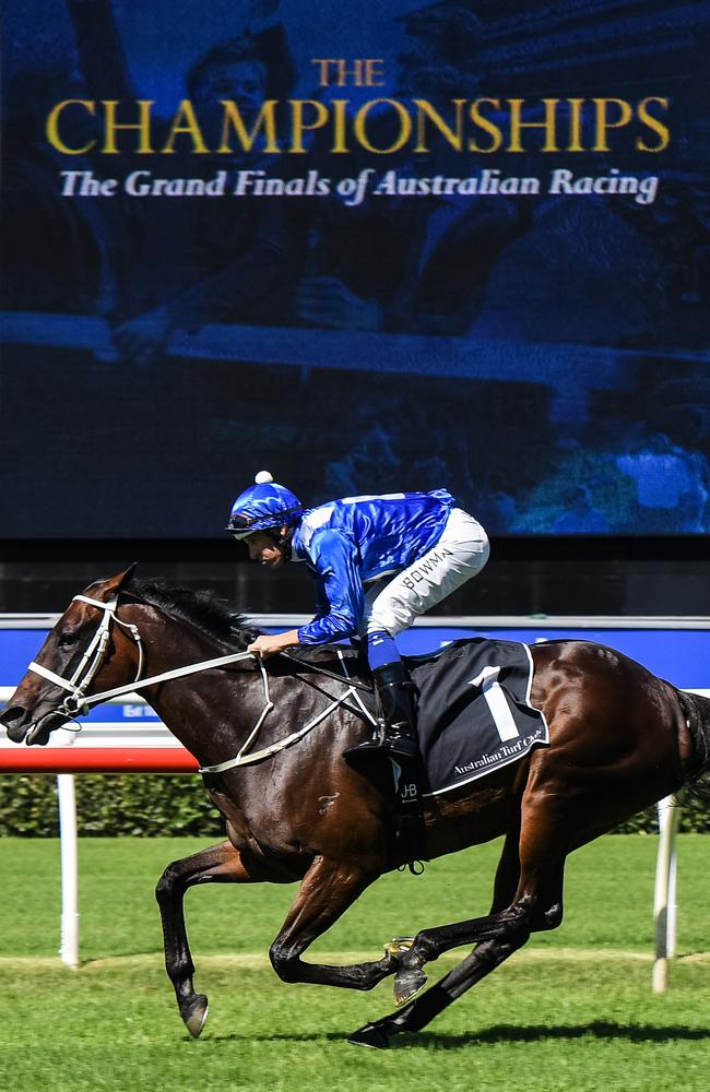 Jockey Hugh Bowman and Winx during their exhibition gallop at Royal Randwick last weekend. Picture: AAP