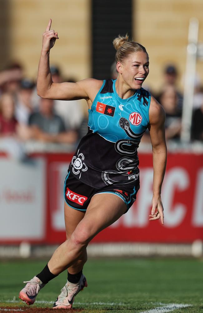 Ashleigh Saint and the Power will hope to topple Richmond. Picture: James Elsby/AFL Photos via Getty Images.