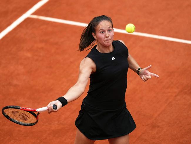 Russia's Daria Kasatkina eyes the ball as she plays a backhand return to Spain's Paula Badosa during their women's singles match on day 7 of the French Open tennis tournament on Court Simonne-Mathieu at the Roland-Garros Complex in Paris on May 31, 2025. (Photo by Dimitar DILKOFF / AFP)