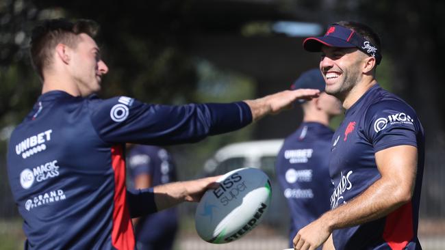 Pictured: Sam Verrills and JAmes Tedesco. Sydney Roosters football team train on an oval in Moore Park today .picture John Grainger