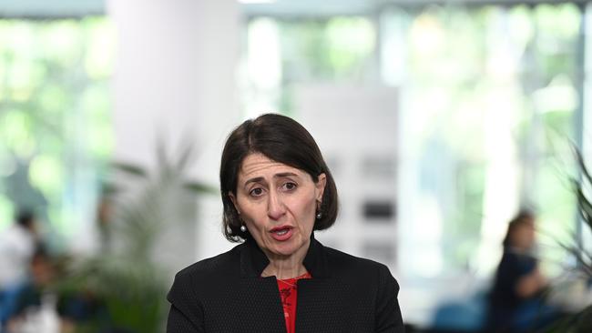NSW Premier Gladys Berejiklian holds a media briefing at the Vaccination Hub at Sydney Olympic Park. Picture: NCA NewsWire / Jeremy Piper